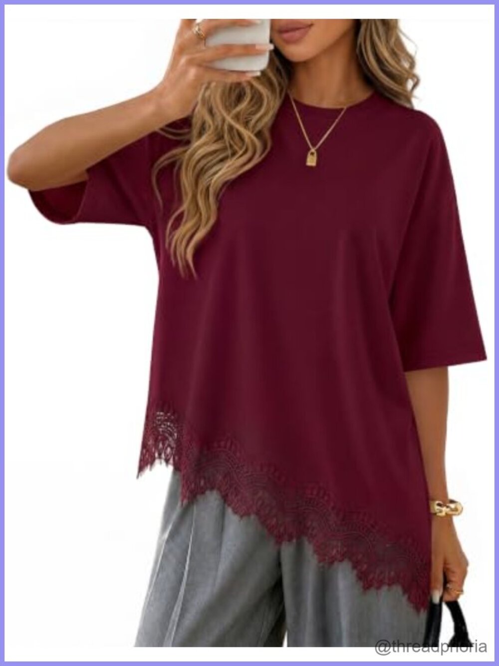 Womens Oversized Asymmetrical Lace Hem Tunic T-Shirt Drop Shoulder Cotton Blend